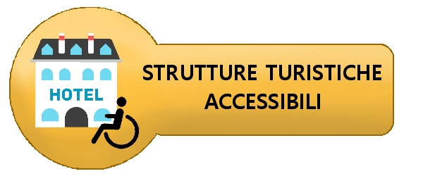 bottone che rimanda alla pagine delle strutture accessibili, arancione con l'illustrazione di un hotel