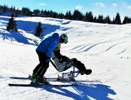 persona che scia con monosci e mestro