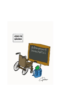 CDisegno di una carrozzina vuota davanti ad una lavagna