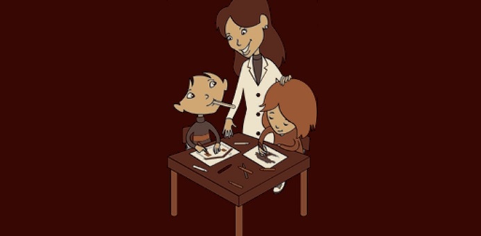 Insegnante con camice e alunni