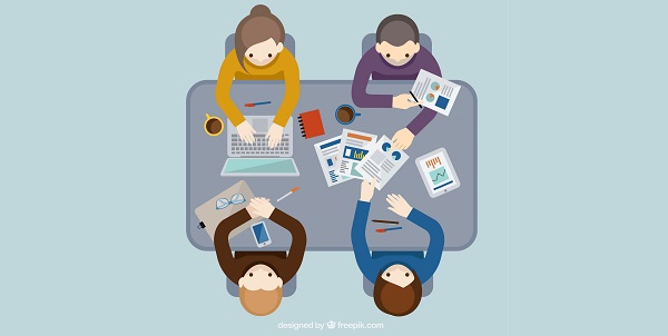 icone di uomini seduti ad un tavolo con documenti di lavoro