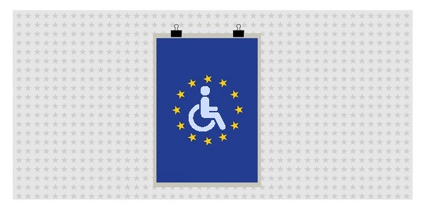 simbolo della disabilità in carrozzina con bandiera dell'unione europea