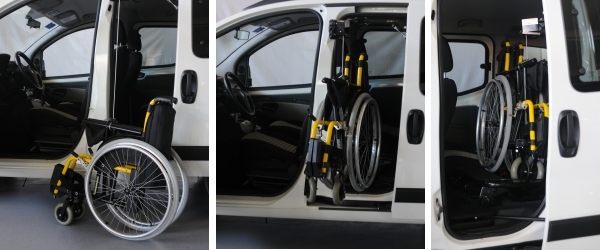 tre fasi del caricamento della carrozzina in auto con verricello Handytec