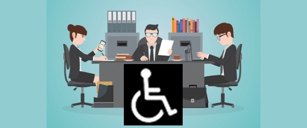 team di esperti al lavoro attorno ad una scrivania con l'icona di un disabile