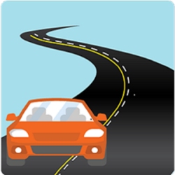 icona dell'applicazione corsie gialle, disegno di un'auto rossa su una strada stilizzata