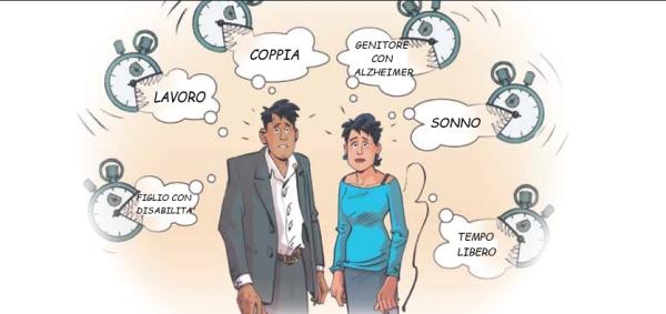 illustrazione di due caregiver che pensano a tutti i loro impegni e alla difficoltà di organizzare il tempo libero