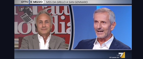 frame della trasmissione otto e mezzo con Marco Travaglio e Gianrico carofiglio