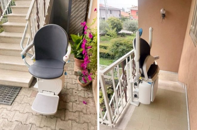 due foto del montascale a poltroncina Handicare 4000, installato sulla scala esterna di una abitazione: una mostra la poltroncina aperta e l'altra la poltroncina chiusa, lasciando la scala libera da eccessivo ingombro