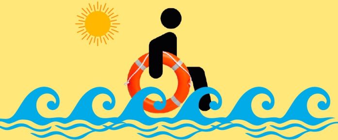 illustrazione di una persona in carrozzina al mare