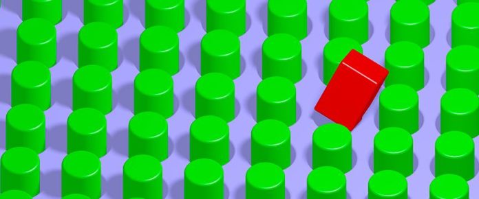 rettangolo rosso in mezzo a cilindri verdi