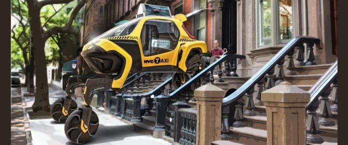 immagine di un mezzo futuristico con gambe chi arrivano al primo piano di una casa dove si trova un uomo in carrozzina