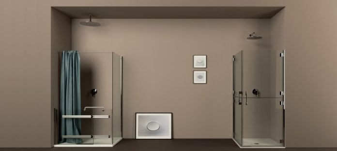 due docce a filo pavimento con cabina ad ante tagliate