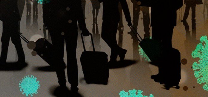 profili di persone con valigie e simblo del virus