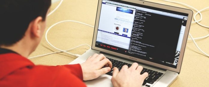 uomo di spalle che lavora al pc