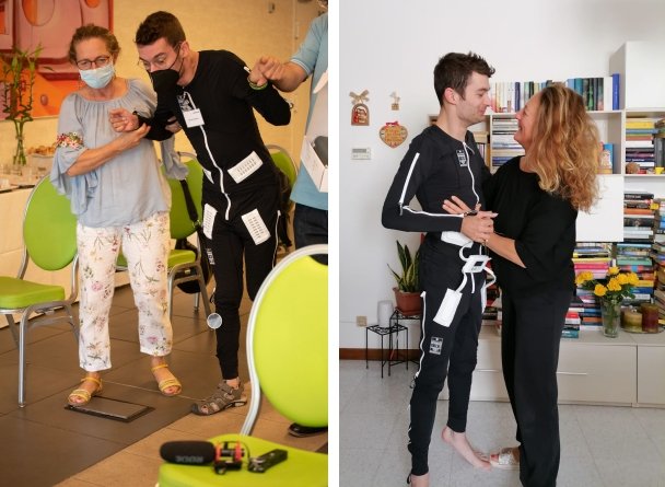 michele con la mamma, mentre indossa la tuta exopulse mollii