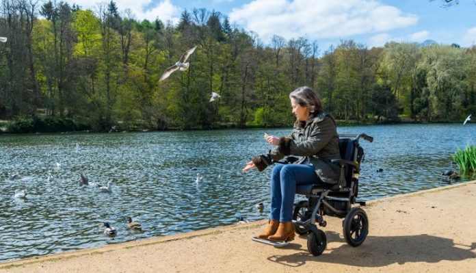 signora in carrozzina in riva a un fiume dà da mangiare alle anatre