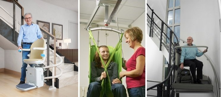 tre installazioni: montascale  apedana, a poltroncina e sollevatore usati da tre persone diverse in ambiente domestico