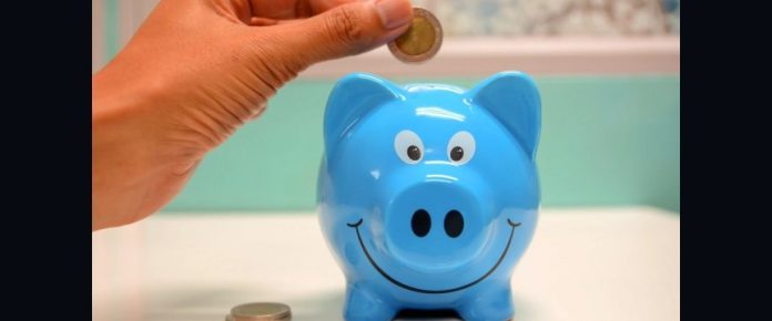 manoche inserisce una moneta in un salvadanaio a forma di maialino