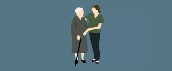 grafica di una donna che aiuta una donna più anziana