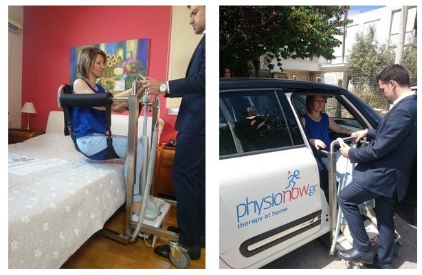 caregiver sposta una donna imbragata sul sollevatore easy go per trasferirla dal letto e dalla automobile 