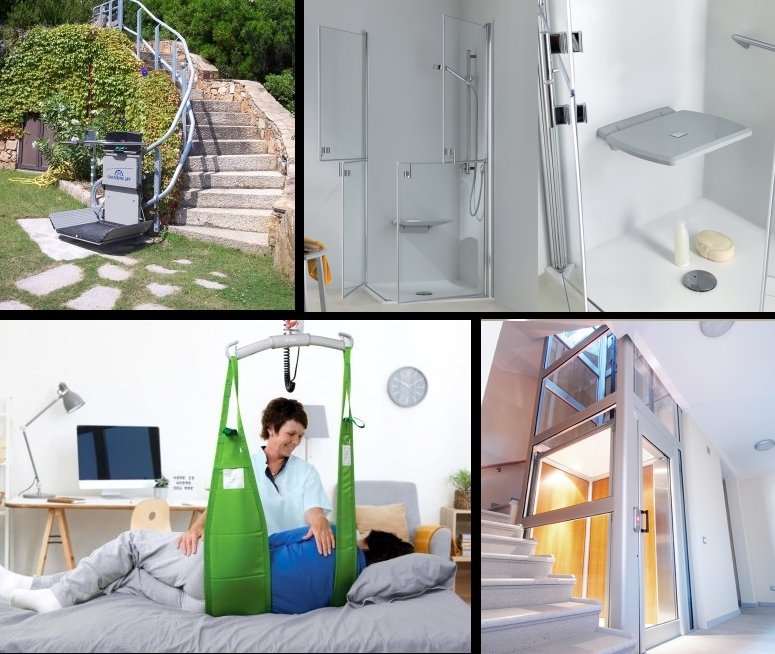 varie soluzioni di accessibilità: montascale, bagno accessibile, piattaforma elevatrice, ascensore, sollevatore