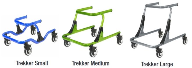 tre modello di diverse grandezze di deambulatore per bambini disabili