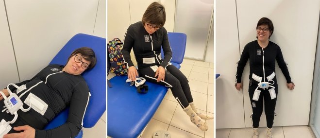 tre immagini di martina debbia mentre indossa la tuta exopulse mollii recensione