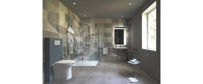 render di una stanza da bagno con sanitari e spazi adatti a movimenti in sicurezza per persone anaziane e disabili