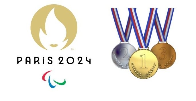 grafica che rappresenta tre medaglie e il logo delle paralimpiadi di parigi