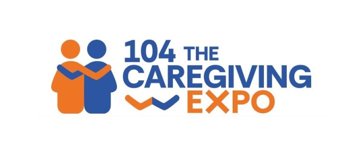 logo della fiera 104 caregiving expo con il nome e il disegno di due sagome umane affiancate e abbracciate
