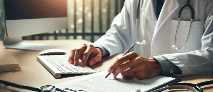 dettaglio delle mani di un medico con camice che scrive su una tastiera su una scrivania sulla quale ci sono documenti cartacei