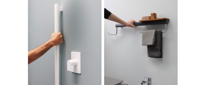due immagini mostrano due ambienti della casa con due diversi tipi di maniglie di sicurezza per chi ha problemi di equilibrio o disabilità