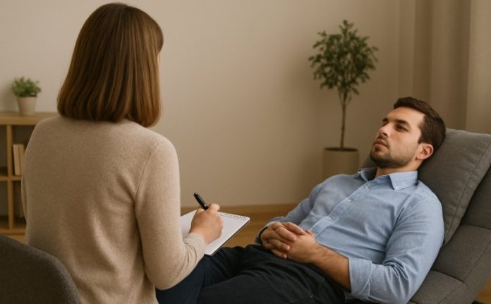 uomo seduto sul lettino di uno studio, mentre parla ad una terapeuta seduta di fronte a lui, nel corso di una sessione di terapia psicologica