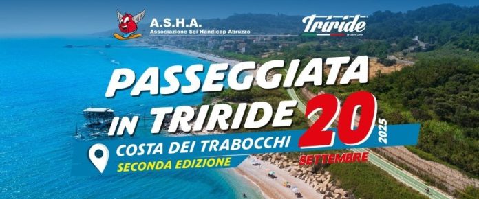 panorama della costa abruzzese con un trabocco per la locandina con la scritta passeggiata in triride costa dei trabocchi seconda edizione 20 settembre