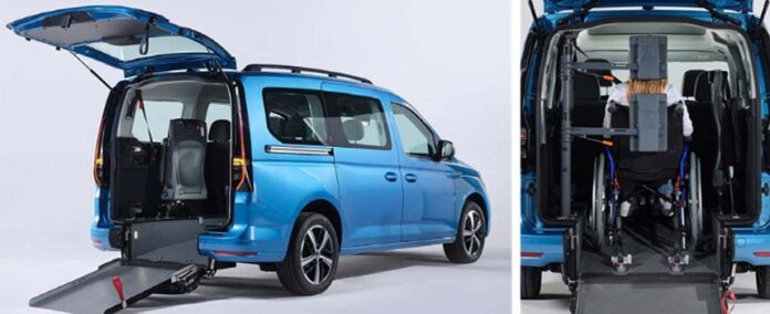 due foto di auto allestita per trasporto di carrozzine, di cui una con veicolo chiuso e una con veicolo con rampa aperta