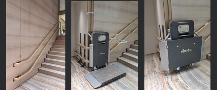 tre angolature del servoscala V6s di Vimec installato nella boutique Giorgio Armani a Madrid