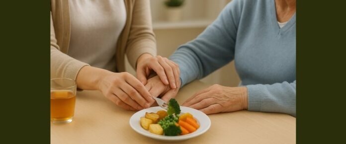 dettaglio delle mani di una donna anziana e di un'altra donna che le aiuta a mangiare con le posate