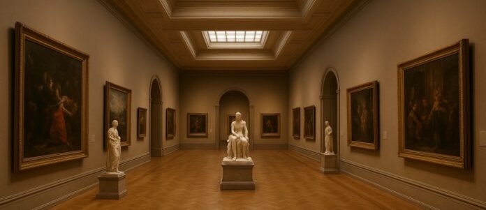 sala di un museo con alcuni quadri e statue