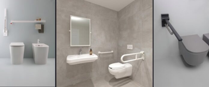 alcuni elementi di un bagno accessibile, che includono sanitari e maniglioni