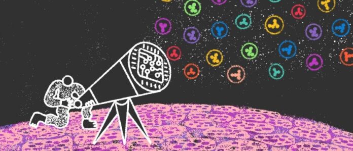 illustrazione che rappresenta il simbolo di un omino sul bordo di un pianeta mentre guarda dentro un telecopio un cielo nero dove fluttuano simboli di cellule