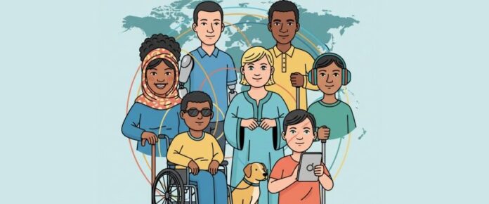 illustrazione che rappresenta persone con varie disabilità e tratti somatici che li riconducono a nazionalità diverse