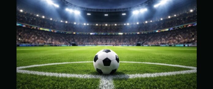 stadio di calcio con un pallone di calcio al centro