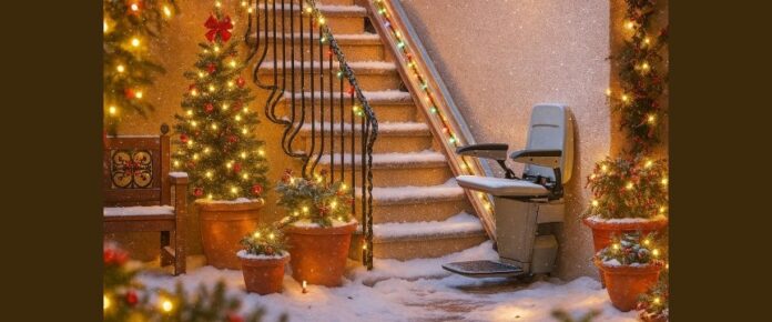 all'esterno di una casa, un montascale a poltroncina sulla scala esterna di una casa. intorno, albero di natale e decorazioni natalizie
