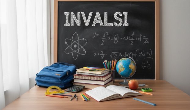 in un'aula, alcuni oggetti scolastici e, sullo sfondo, una lavagna con scritto INVALSI