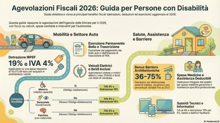 infografica che sintetizza il contenuto della guida sulle agevolazioni fiscali per la disabilità