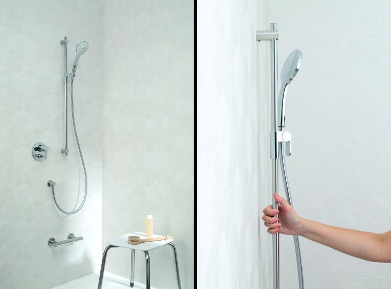 due foto dell'asta doccia con doppia funzione anche di maniglia di sicurezza
