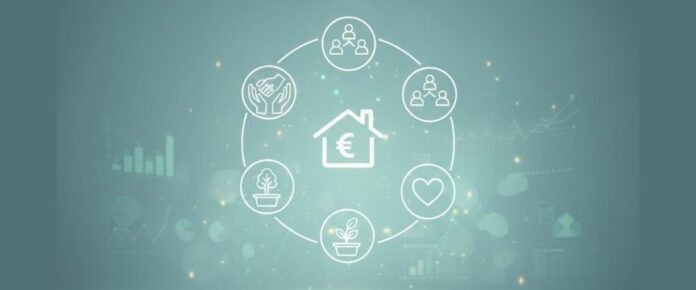 grafica con icone che rappresentano ambiti del volontariato con, al centro, una casa con simbolo di euro