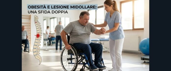 uomo in sovrappeso in carrozzina aiutato da una assistente