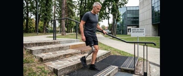 uomo con protesi al ginocchio mentre scende alcuni gradini