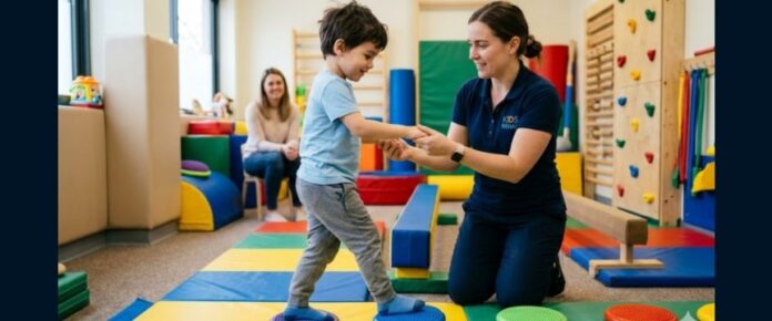 bambino di circa 5 anni mentre fa riabilitazione con una assistente. sullo sfondo, una donna seduta li guarda